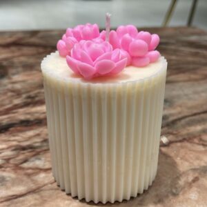 Cream Ribbed Pink Floral Candle