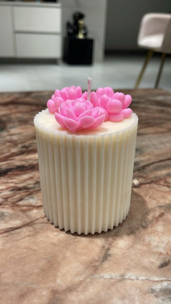Cream Ribbed Pink Floral Candle
