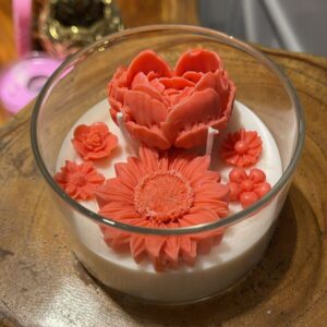 Glass Bowl Candle with Red Flowers