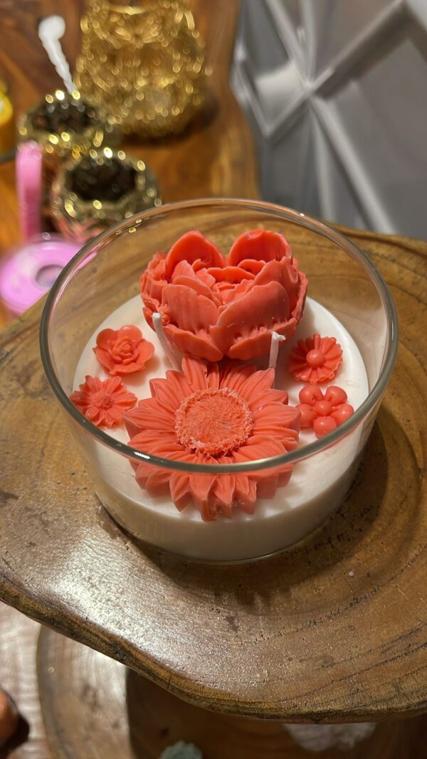 Glass Bowl Candle with Red Flowers